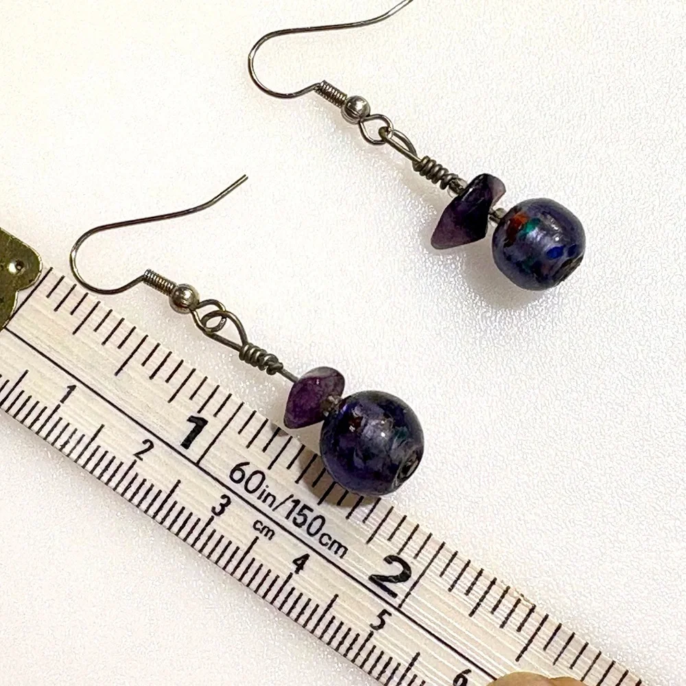 Artisan Amethyst Stone And Lavender Glass Crystal Drop Earrings
